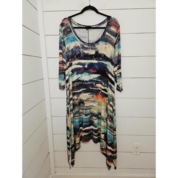 Cupio Dresses & Skirts - Cupio 1X multicolored bohemian long sleeve stretchy asymmetrical knit dress